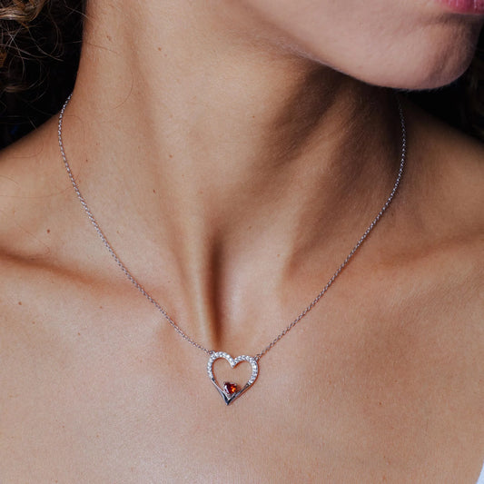 925 Sterling Silver Rhodium Plated Clear Red CZ Open Heart Necklace