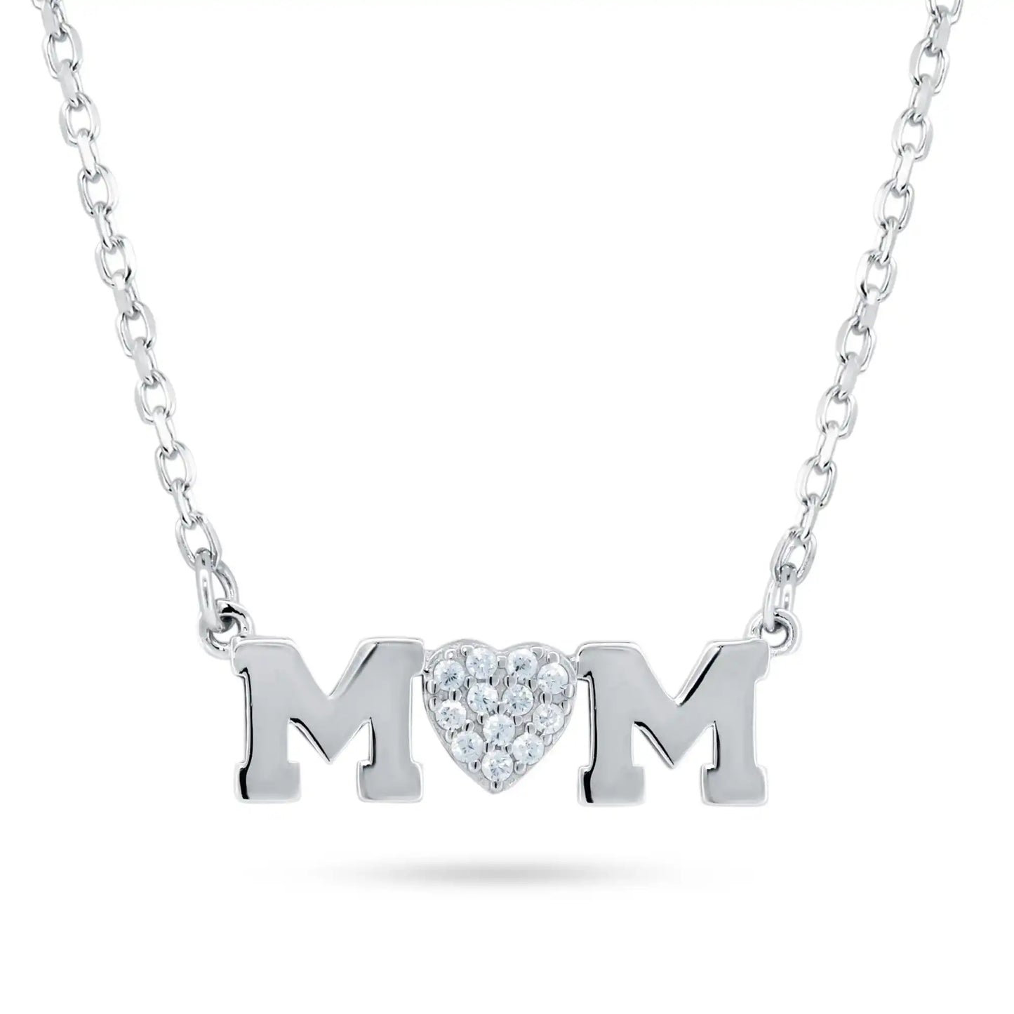 925 Sterling Silver Rhodium Plated Mom Heart CZ Necklace