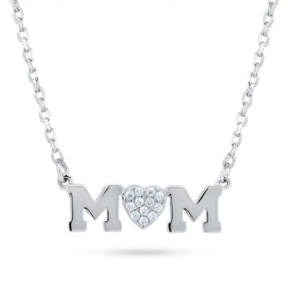 925 Sterling Silver Rhodium Plated Mom Heart CZ Necklace