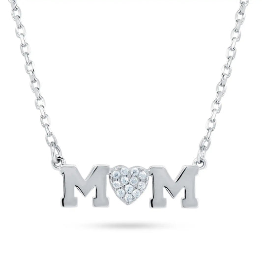 925 Sterling Silver Rhodium Plated Mom Heart CZ Necklace