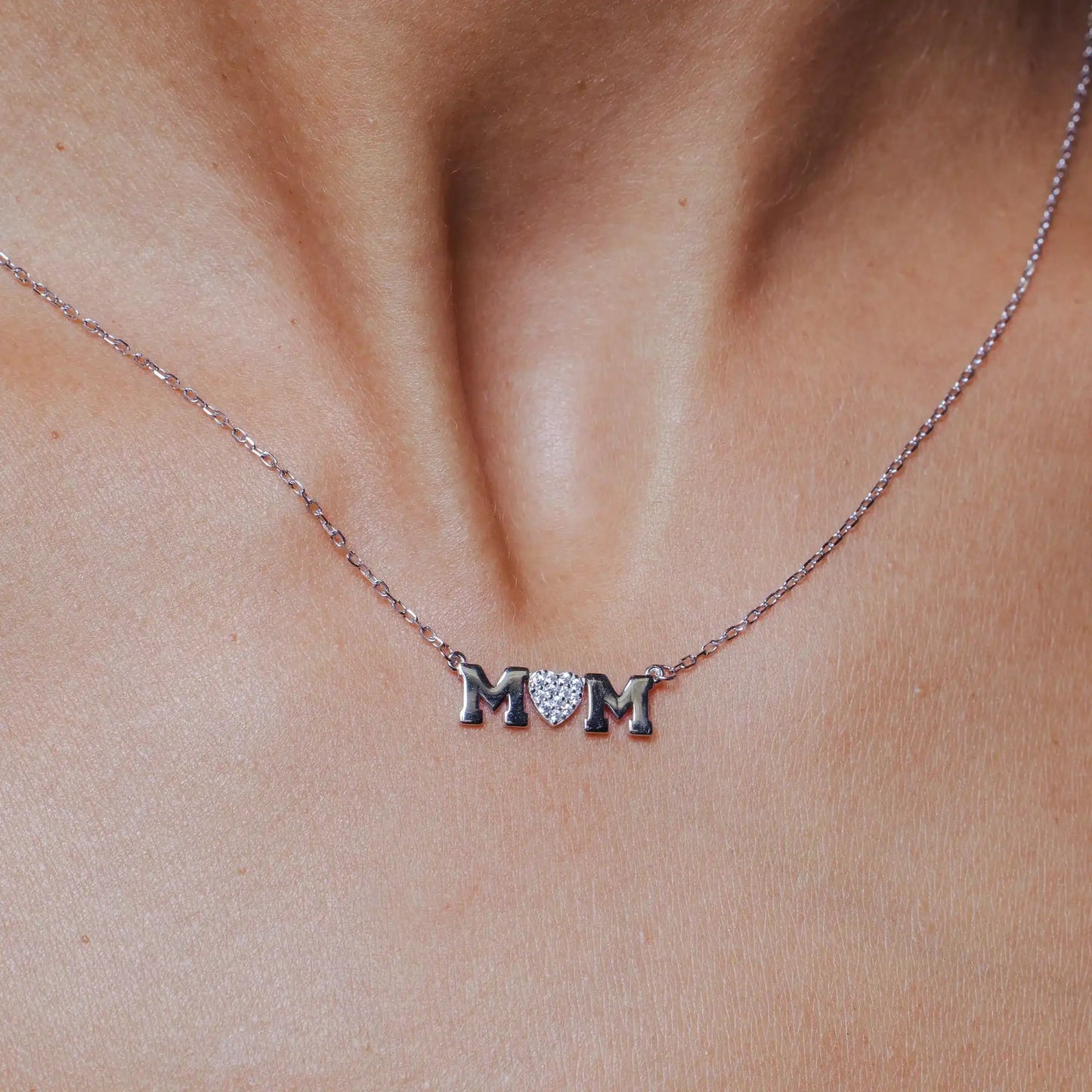 925 Sterling Silver Rhodium Plated Mom Heart CZ Necklace