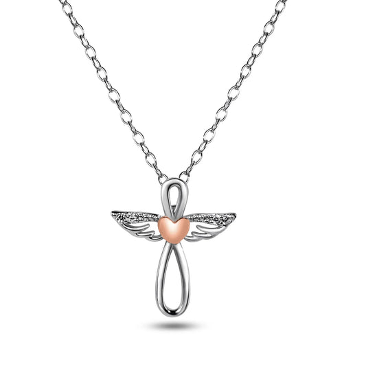 925 Sterling Silver Rhodium Plated CZ RGP Heart Angel Necklace