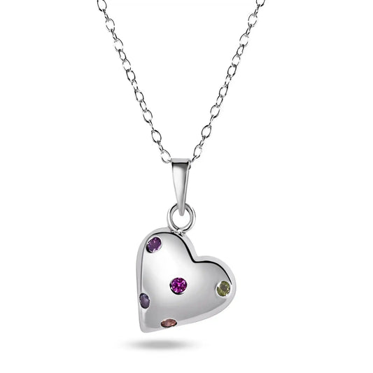 925 Sterling Silver Rhodium Plated Multi Color CZ Heart Necklace