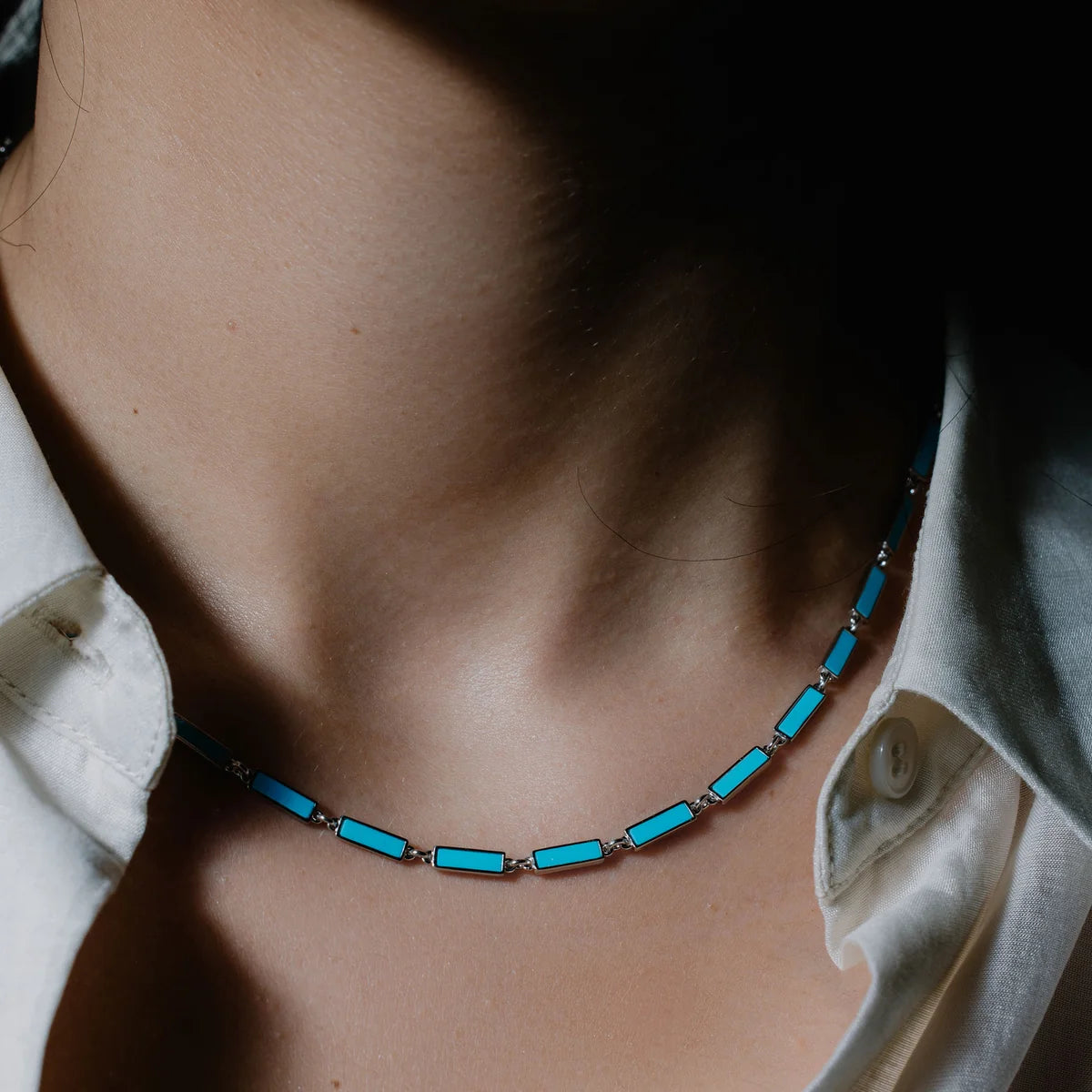 925 Sterling Silver Rhodium Plated Light Blue Turquoise Stone Bar Link Necklace