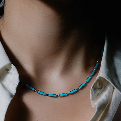 925 Sterling Silver Rhodium Plated Light Blue Turquoise Stone Bar Link Necklace