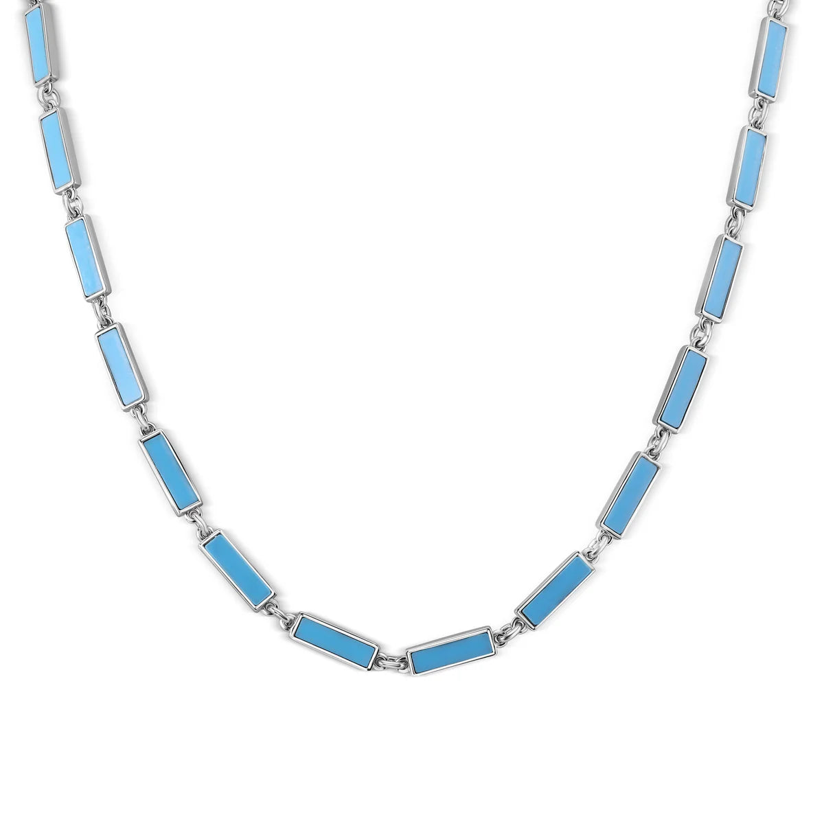 925 Sterling Silver Rhodium Plated Light Blue Turquoise Stone Bar Link Necklace