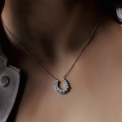 925 Sterling Silver Rhodium Plated Horseshoe Pearl Clear CZ Necklace