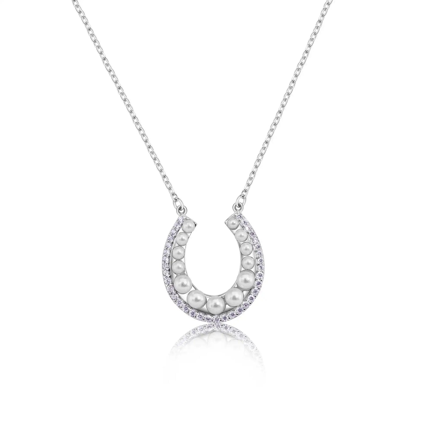 925 Sterling Silver Rhodium Plated Horseshoe Pearl Clear CZ Necklace