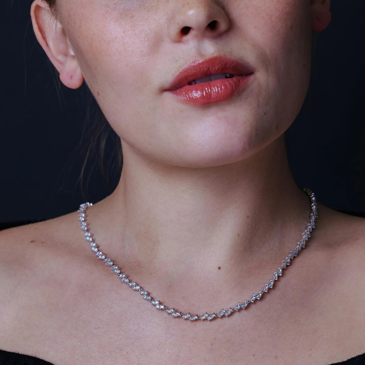 925 Sterling Silver Rhodium Plated CZ Zig Zag Bridal Necklace