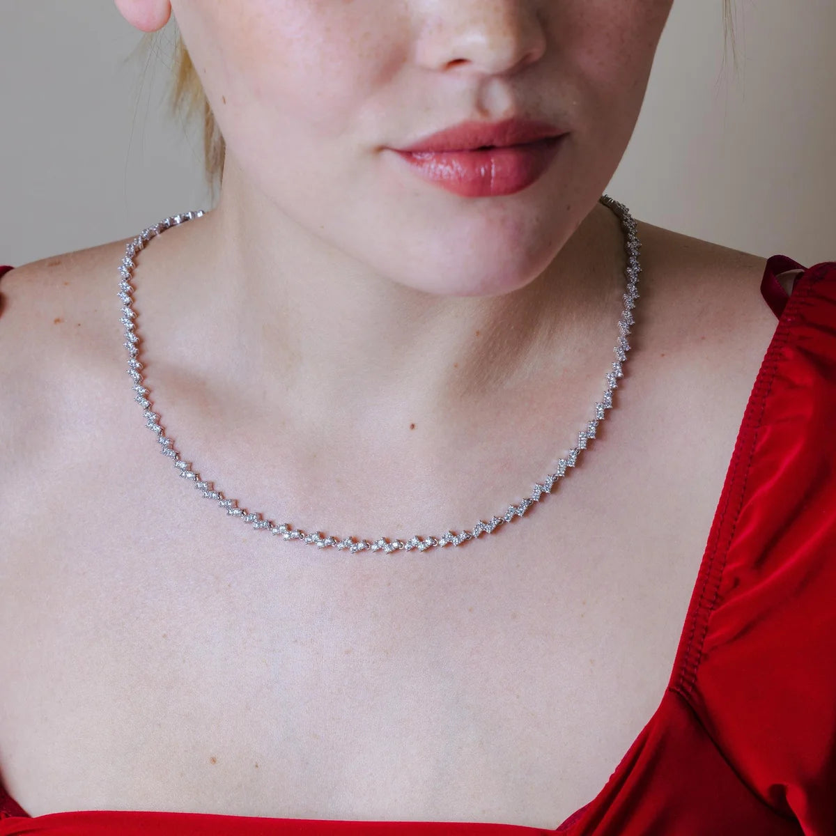 925 Sterling Silver Rhodium Plated CZ Zig Zag Bridal Necklace