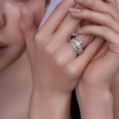 925 Sterling Silver Rhodium Plated Crown Pear and Round CZ Ring