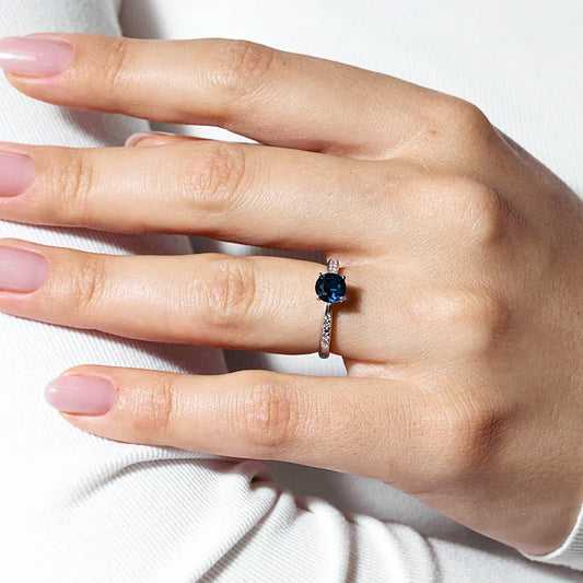925 Sterling Silver Rhodium Plated Round Blue CZ Center Stone Ring