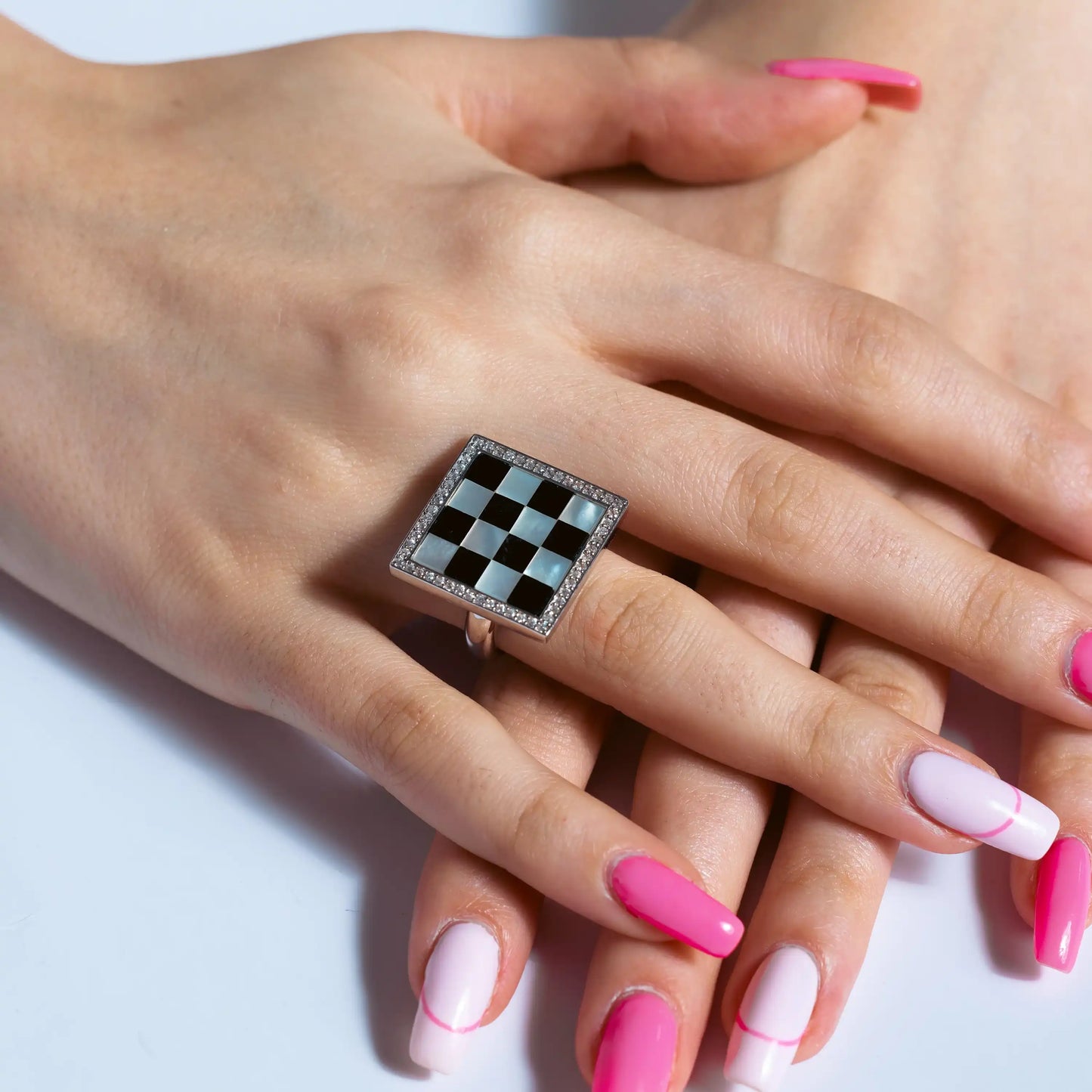 925 Sterling Silver Clearance Rhodium Plated Clear CZ Black and White Square Checker Ring