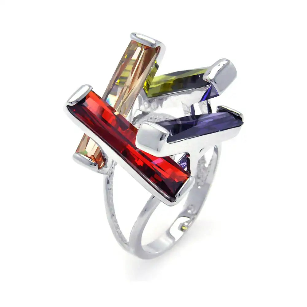 925 Sterling Silver Clearance Rhodium Plated Multi Colored CZ Open Long Bar Ring