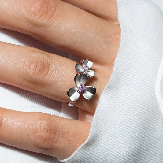 925 Sterling Silver Clearance Rhodium Plated Pink CZ Flower Ring