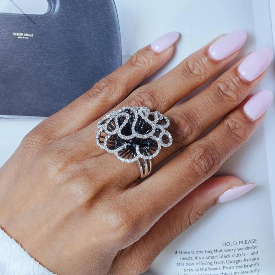 925 Silver Clearance - Rhodium and Black Rhodium Plated 2 Toned Clear CZ Coral Flower Ring