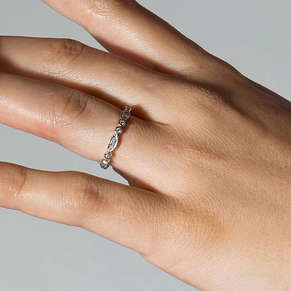 925 Silver Rhodium Plated Clear CZ Marquise and Round Shaped Ring