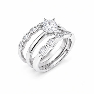 925 Silver Rhodium Plated Clear Round Center CZ Bridal Engagement Trio Ring Set