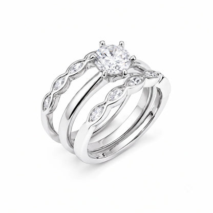 925 Silver Rhodium Plated Clear Round Center CZ Bridal Engagement Trio Ring Set