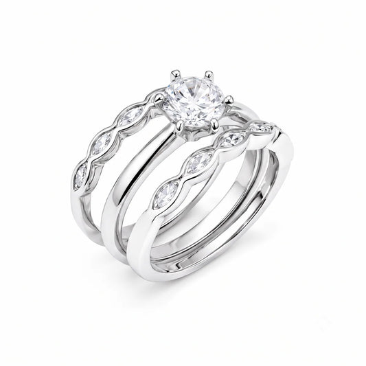 925 Silver Rhodium Plated Clear Round Center CZ Bridal Engagement Trio Ring Set