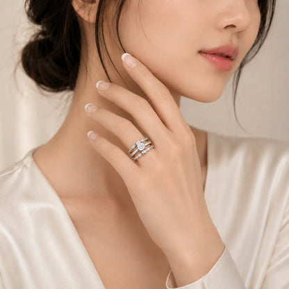 925 Silver Rhodium Plated Clear Round Center CZ Bridal Engagement Trio Ring Set