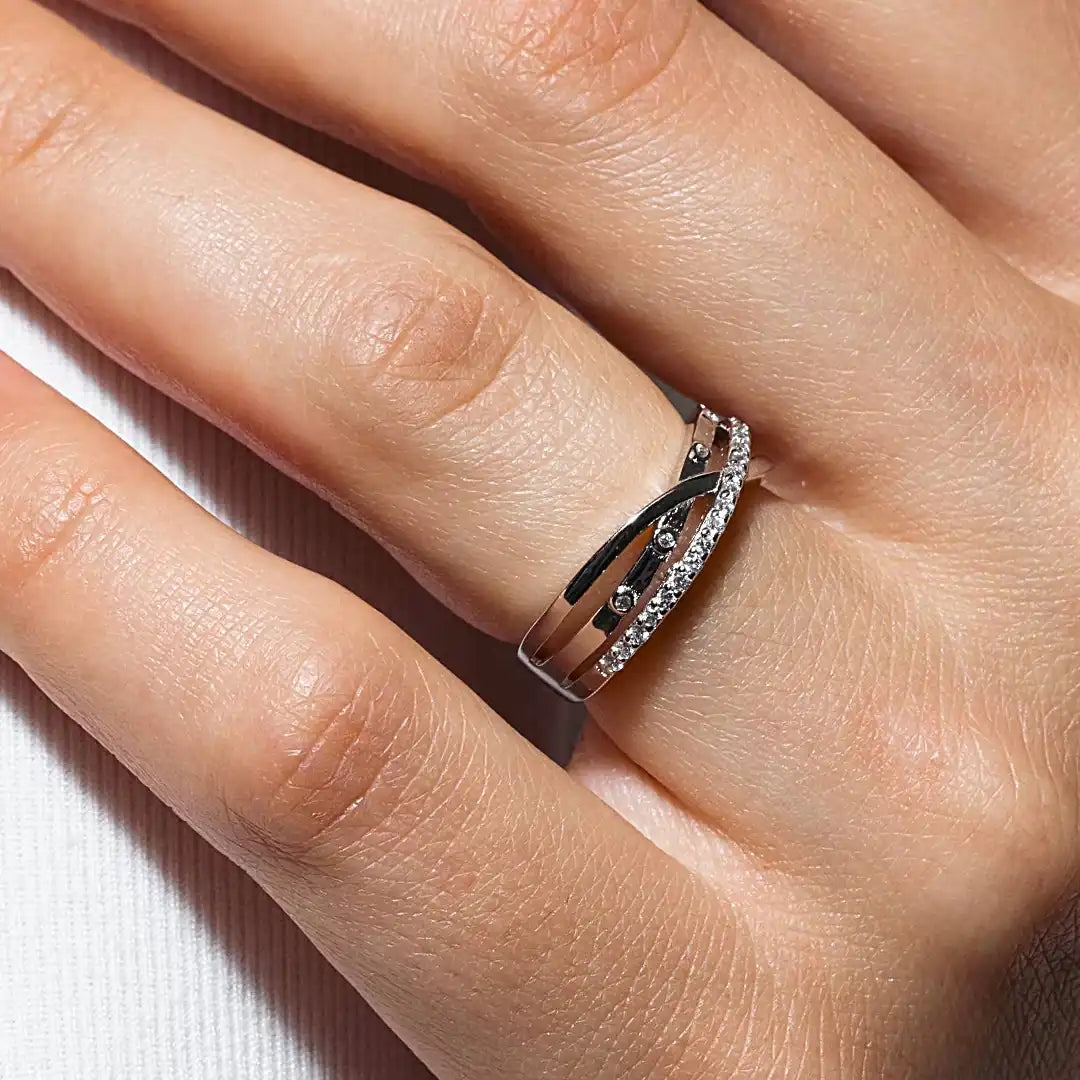 925 Sterling Silver Rhodium Plated Clear CZ 3 Row Overlap Ring