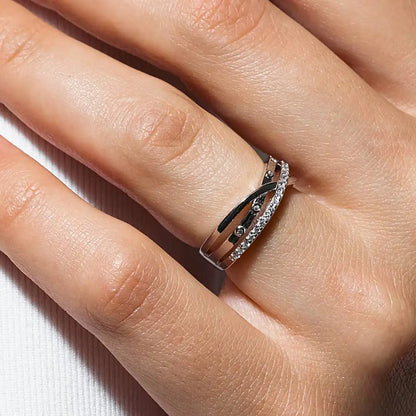 925 Sterling Silver Rhodium Plated Clear CZ 3 Row Overlap Ring