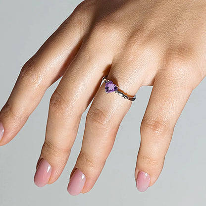 925 Sterling Silver Rhodium Plated CZ Heart Purple February Ring