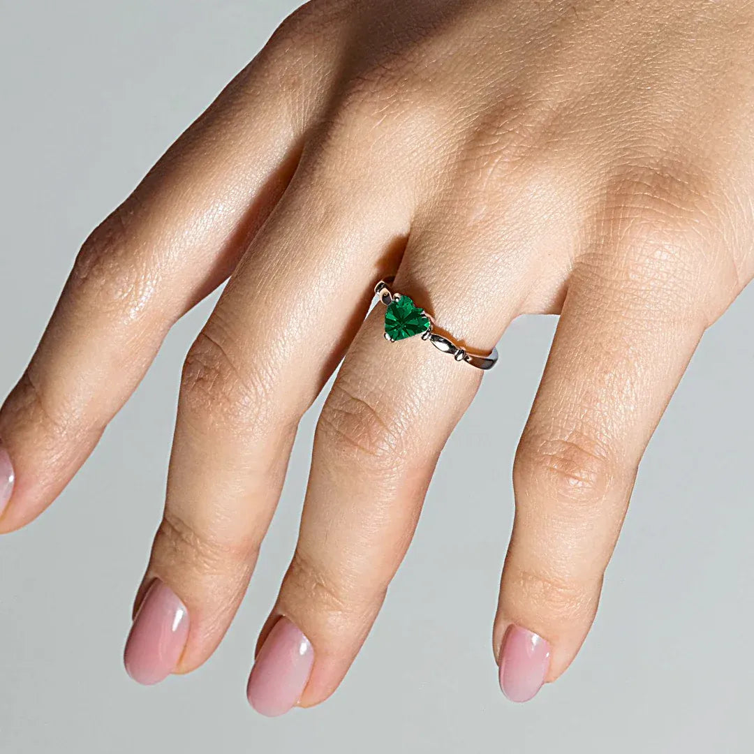 925 Sterling Silver Rhodium Plated CZ Heart Green May Ring