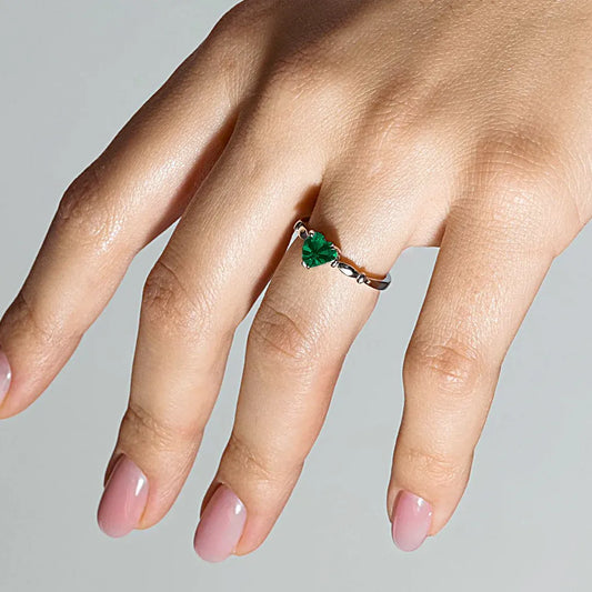 925 Sterling Silver Rhodium Plated CZ Heart Green May Ring