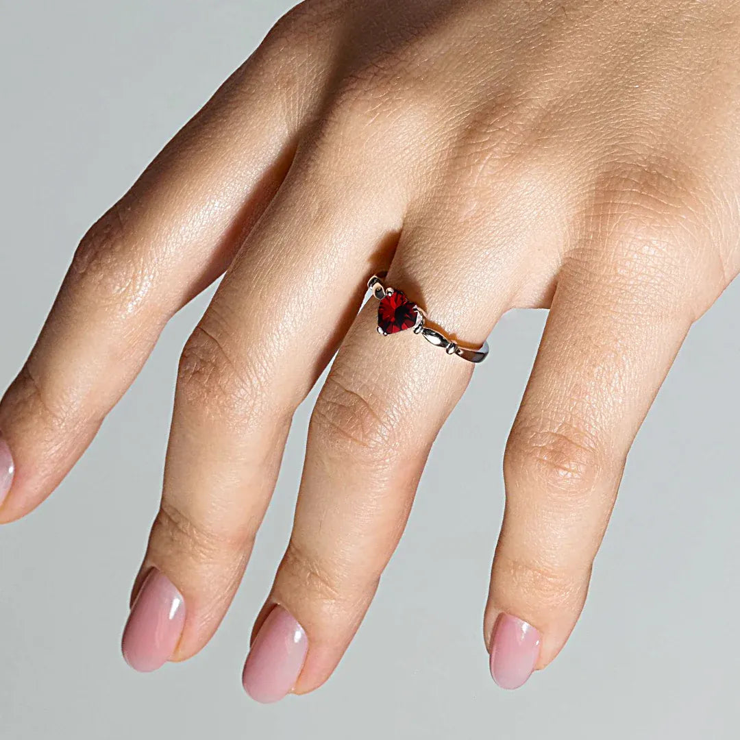 925 Sterling Silver Rhodium Plated CZ Heart Red January Ring