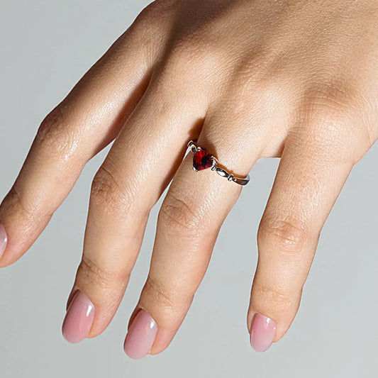 925 Sterling Silver Rhodium Plated CZ Heart Red January Ring