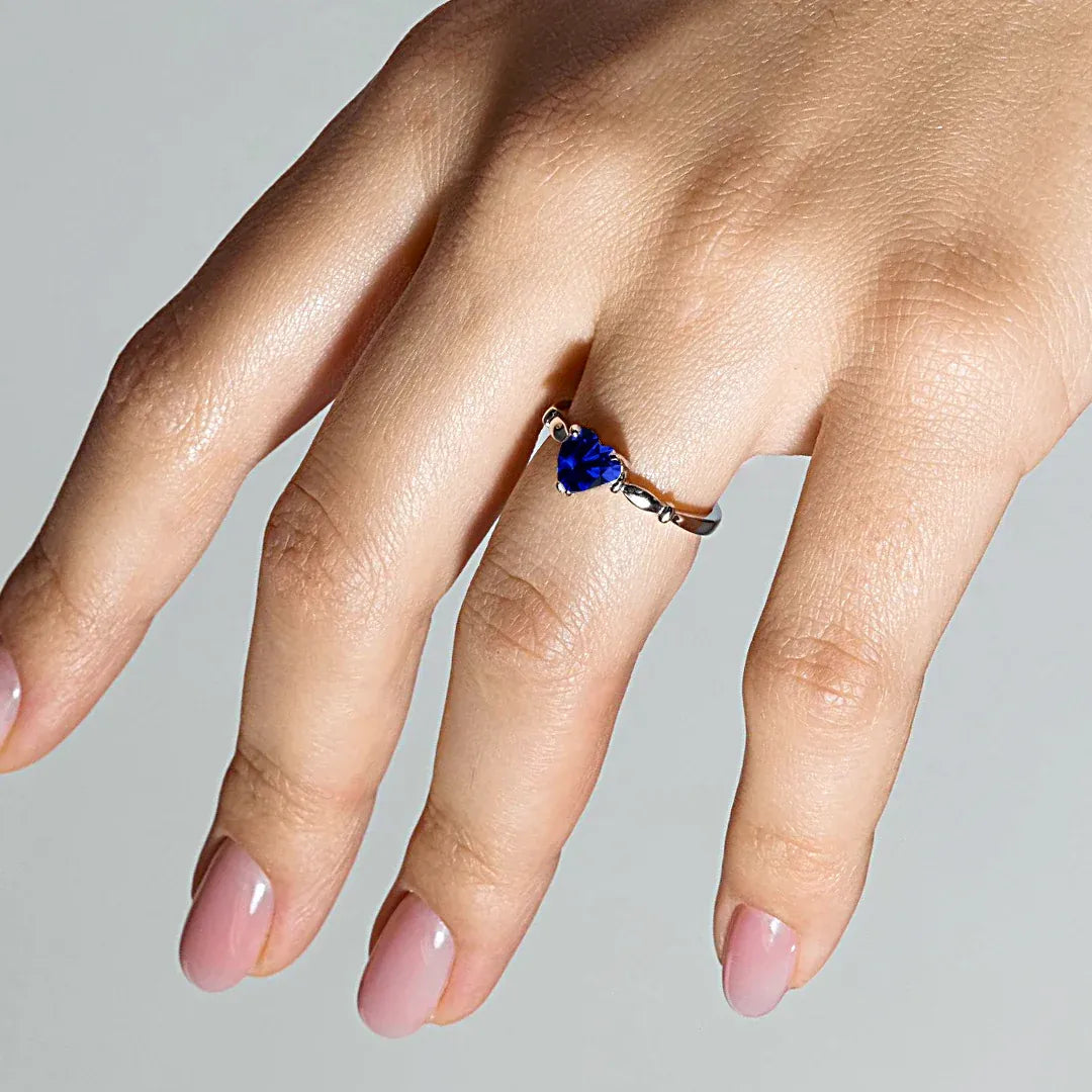 925 Sterling Silver Rhodium Plated CZ Heart Blue September Ring