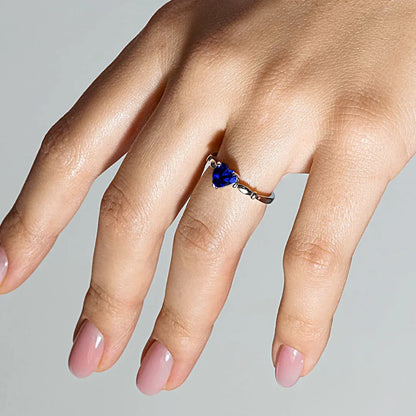 925 Sterling Silver Rhodium Plated CZ Heart Blue September Ring