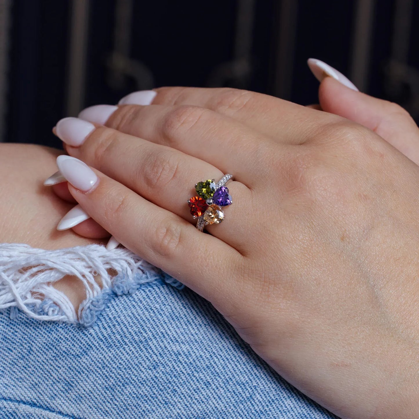 925 Sterling Silver Rhodium Plated Multi Colored CZ Flower Ring