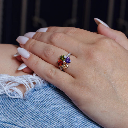925 Sterling Silver Rhodium Plated Multi Colored CZ Flower Ring