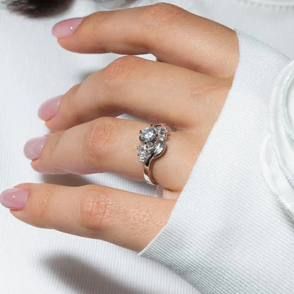 925 Sterling Silver Rhodium Plated Clear Multi Shaped CZ Twist Fan Bridal Ring