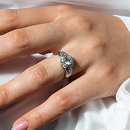 925 Sterling Silver Rhodium Plated Clear Center and Cluster CZ Flower Ring