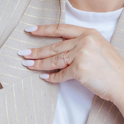 925 Sterling Silver Rose Gold Plated Clear CZ Cross Ring