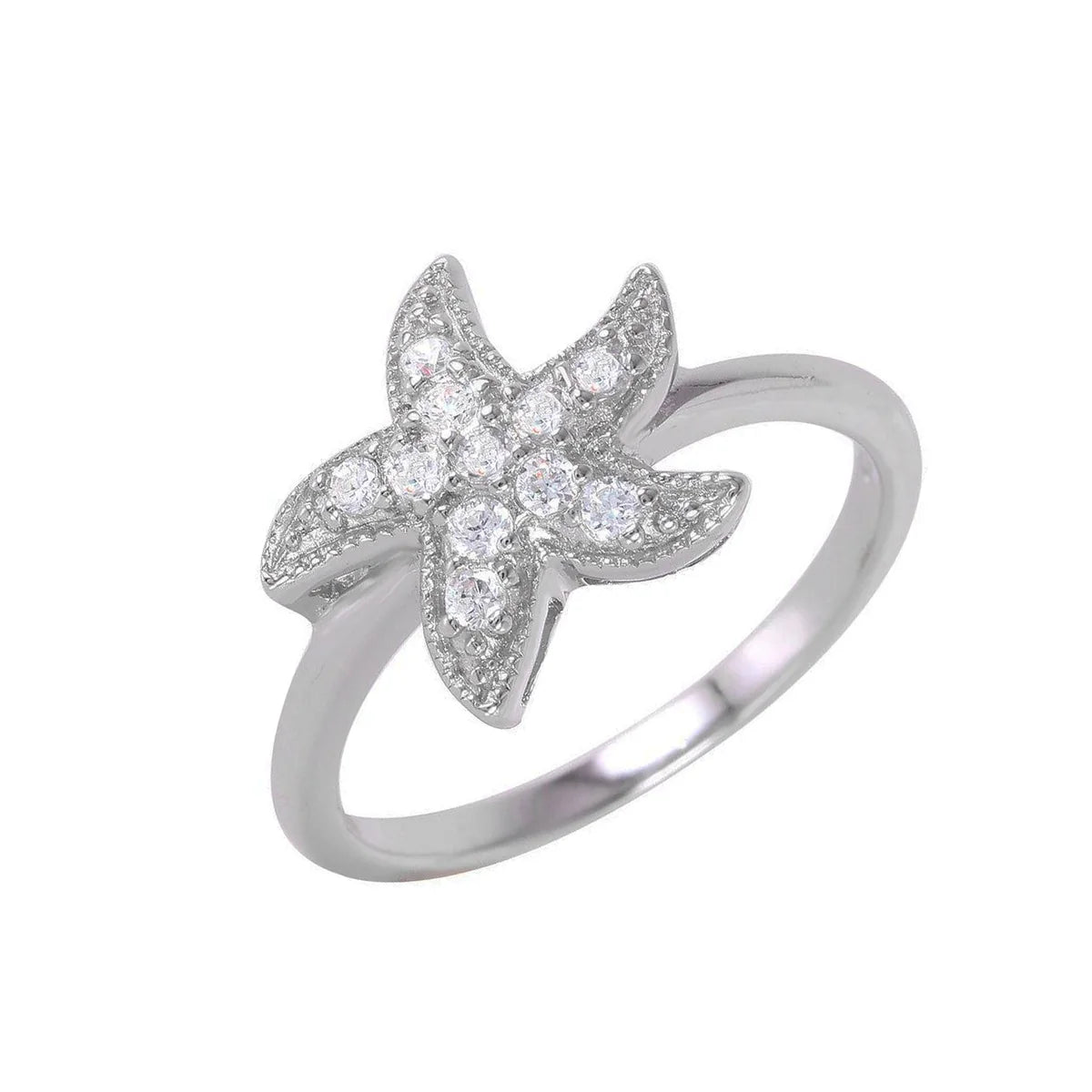 925 Silver Rhodium Plated Clear Pave Set CZ Starfish Ring