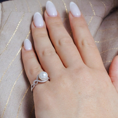 925 Sterling Silver Rhodium Plated CZ Accented Faux Pearl Ring