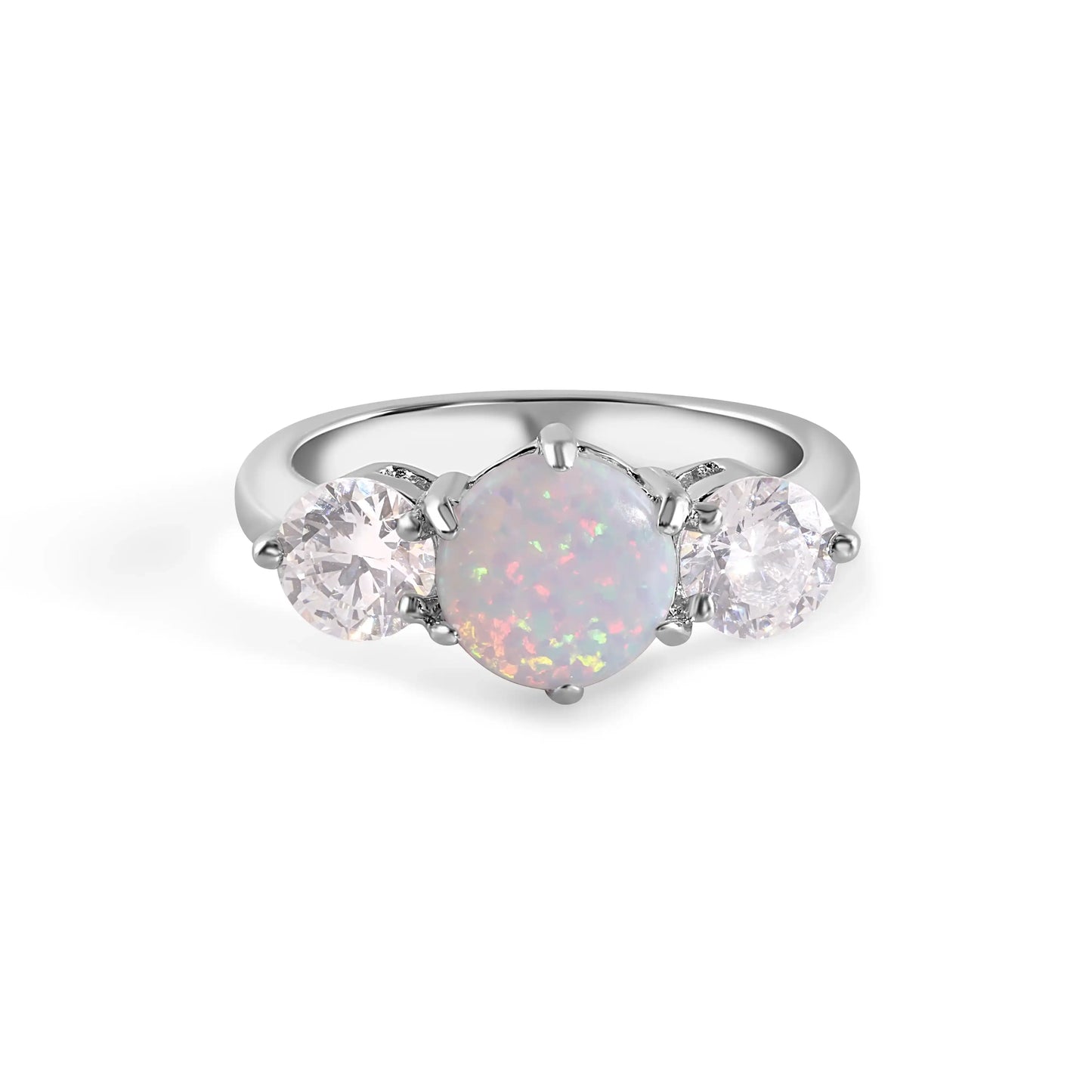 925 Sterling Silver Rhodium Plated Three Stone Trellis Syntethic Opal and Clear CZ Ring