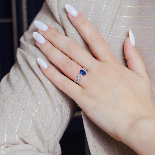 925 Sterling Silver Rhodium Plated Sapphire Center Stone Ring with CZ Shank