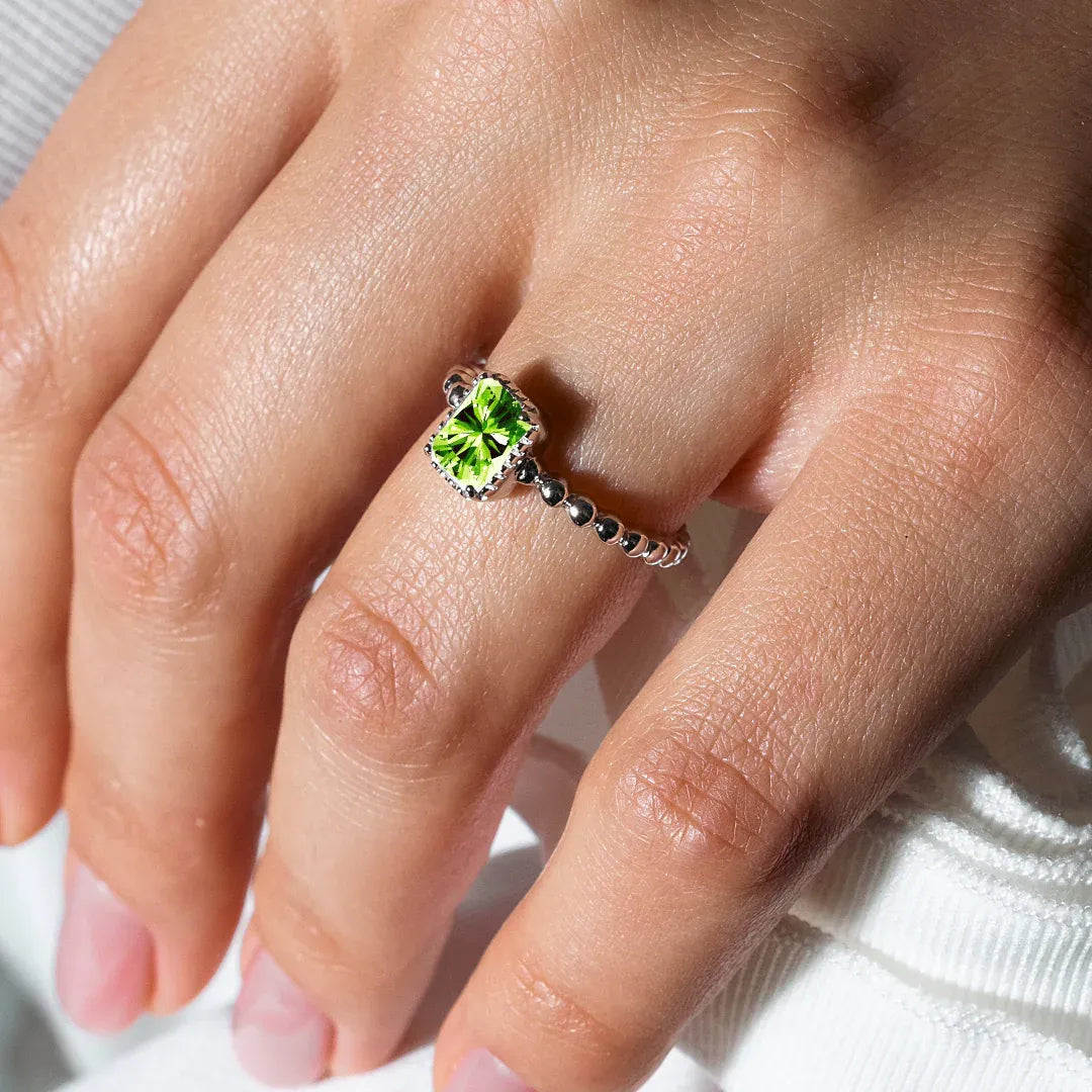 925 Sterling Silver August Rhodium Plated Beaded Shank Square Center Birthstone Ring