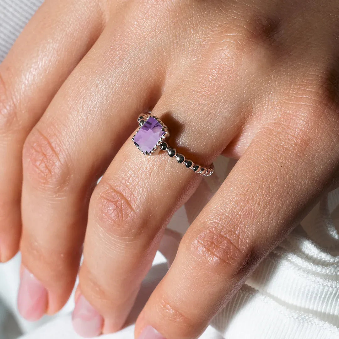 925 Sterling Silver February Rhodium Plated Beaded Shank Square Center Birthstone Ring