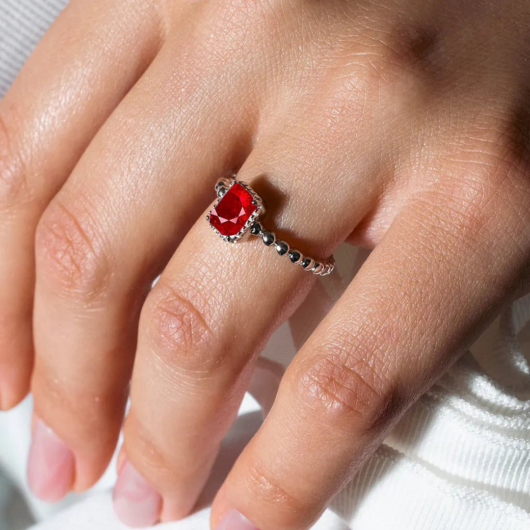 925 Sterling Silver Rhodium Plated Beaded Shank Square Center July Birthstone Ring