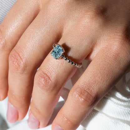 925 Sterling Silver March Rhodium Plated Beaded Shank Square Center Birthstone Ring