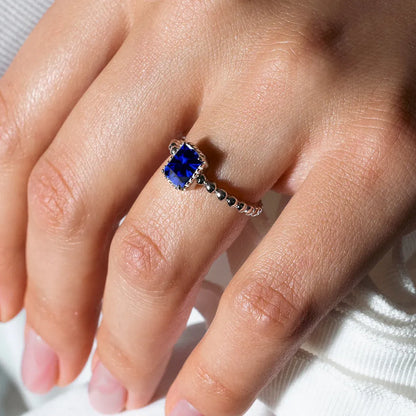 925 Sterling Silver September Rhodium Plated Beaded Shank Square Center Birthstone Ring