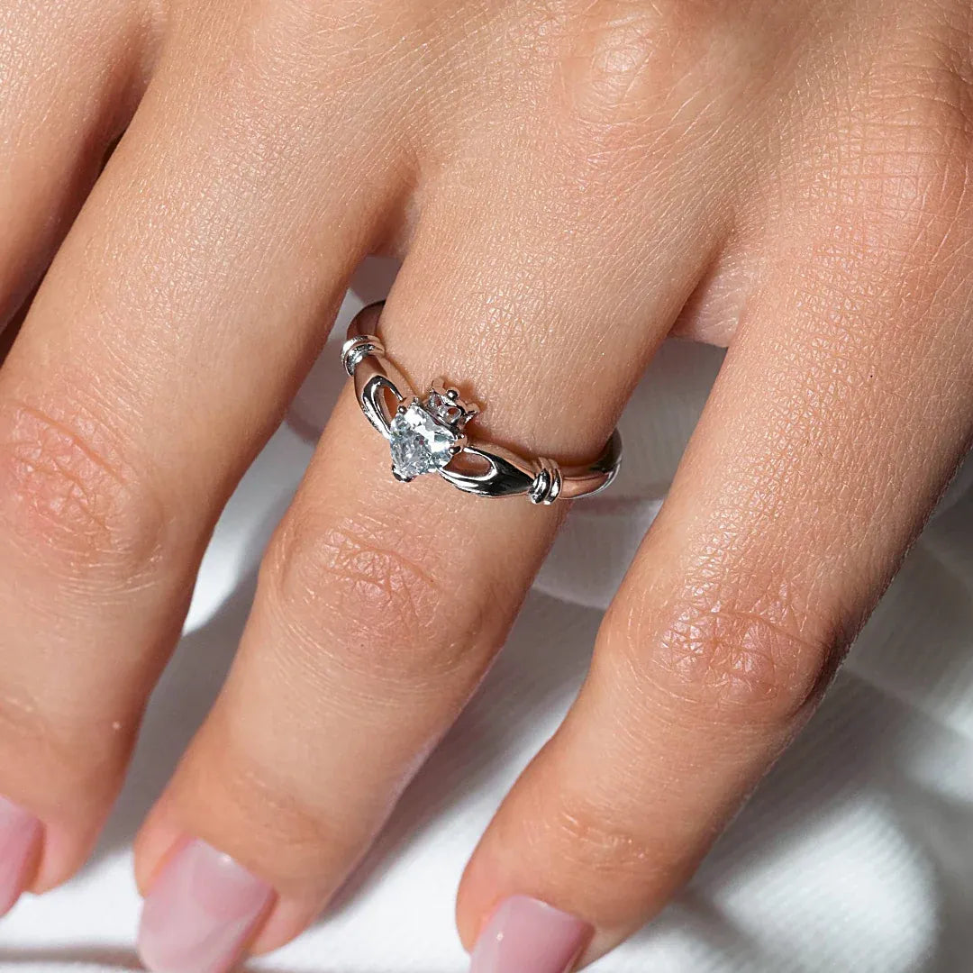 925 Rhodium Plated April Sterling Silver CZ Center Birthstone Claddagh Ring