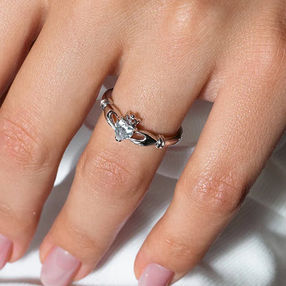 925 Rhodium Plated April Sterling Silver CZ Center Birthstone Claddagh Ring